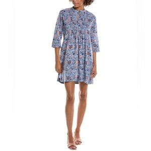 Pomegranate Pintuck Cotton Shift Dress | Taj Floral Blue | Size L